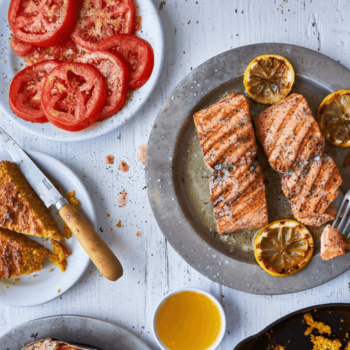 Grilled Salmon with Fresh Summer Popped Tomato Sauce