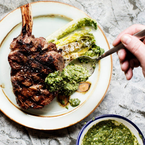 Chef’s Table: Bone-In Ribeye with Grilled Romaine + Chimichurri