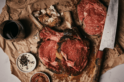 Sous Vide Bone-in Ribeye with Fingerling Potatoes, Pickled Rhubarb and Cherry Peppers