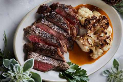 Grass-Fed New York Strip with Tomato Emulsion and Roasted Cauliflower