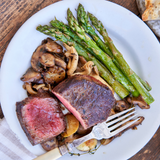 Plated dish of steak, asparagus, and mushrooms on a white plate.