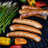 Buffalo Chicken Blue Cheese Bratwurst on grill with veggies