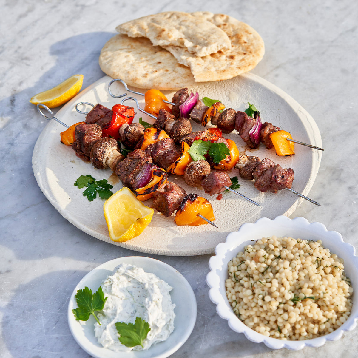 Lamb Kebobs with veggies and pita