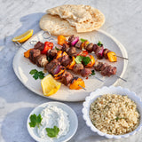 Lamb Kebobs with veggies and pita