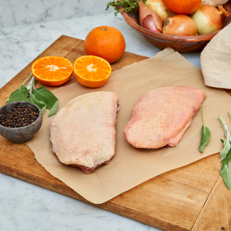 A Moulard duck breast on parchment paper 