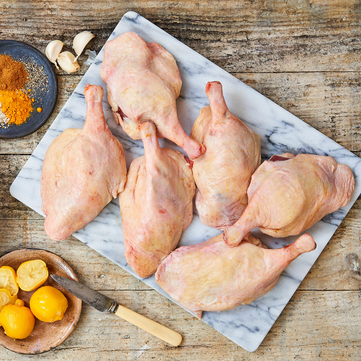 Moulard deck leg quarters on a chopping board
