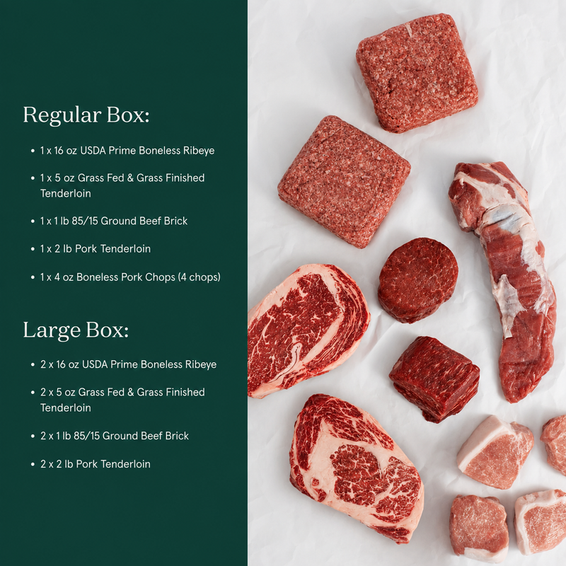 A food product listing graphic showing raw beef cuts and ground beef arranged on white paper next to a dark green text panel listing contents for Regular Box and Large Box packages.