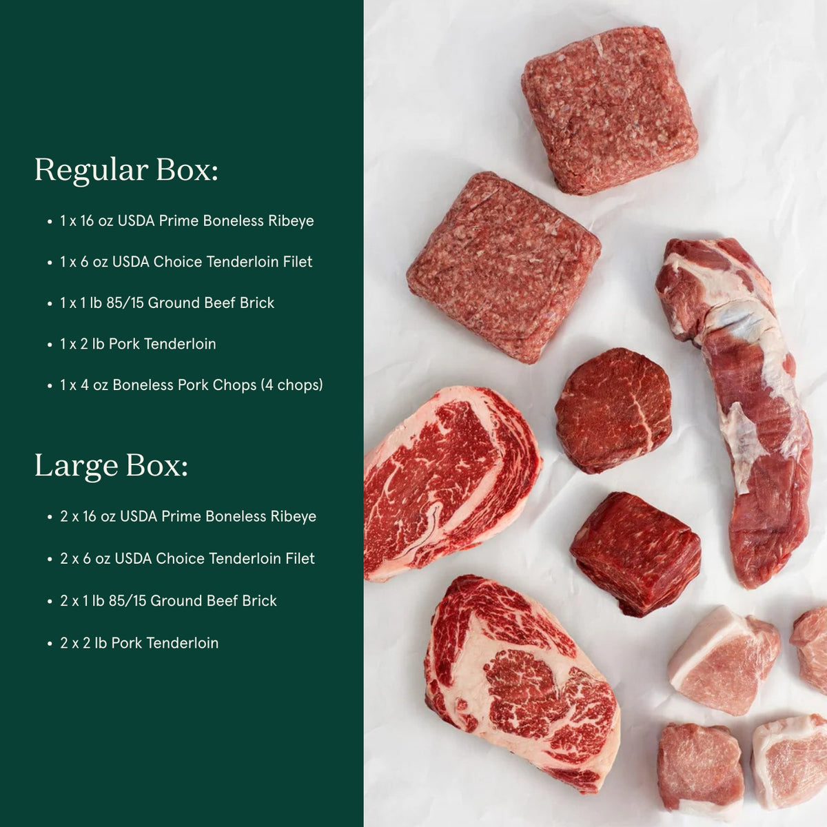Raw meat assortment with a breakdown of contents for regular and large boxes on a white background.