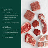 Raw meat assortment with a breakdown of contents for regular and large boxes on a white background.