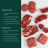 A product listing graphic showing raw beef cuts and patties arranged on a white surface next to a dark green text panel detailing package contents for Regular Box and Large Box sizes.