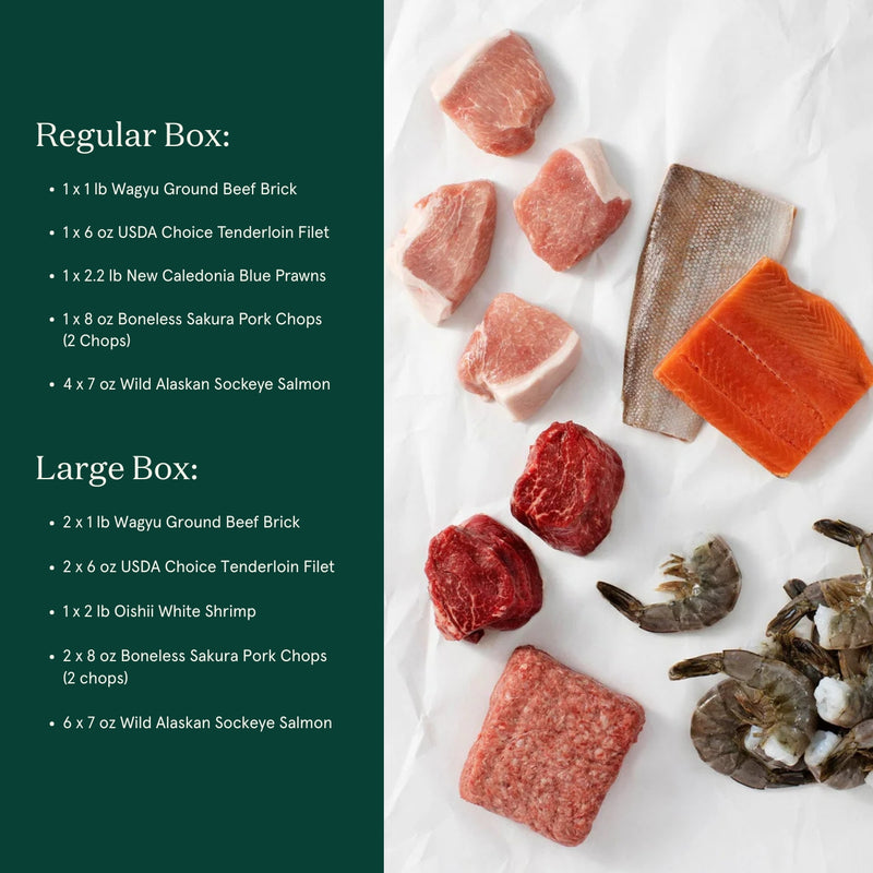 Assorted raw meats and seafood on a white surface with product details on the left.