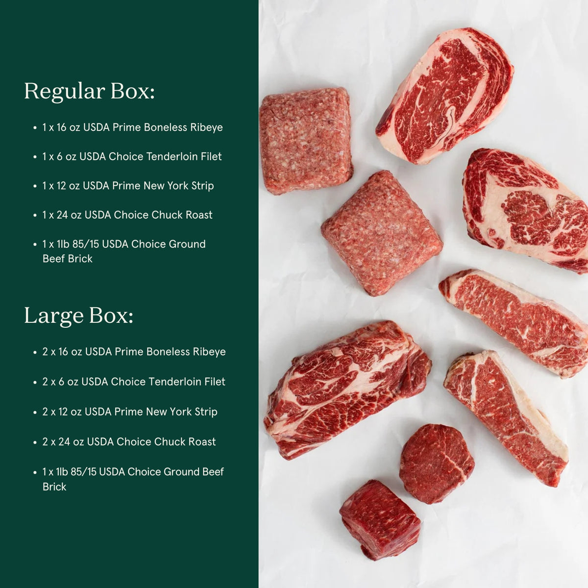 Comparison of meat contents between a regular box and a large box on a white background.